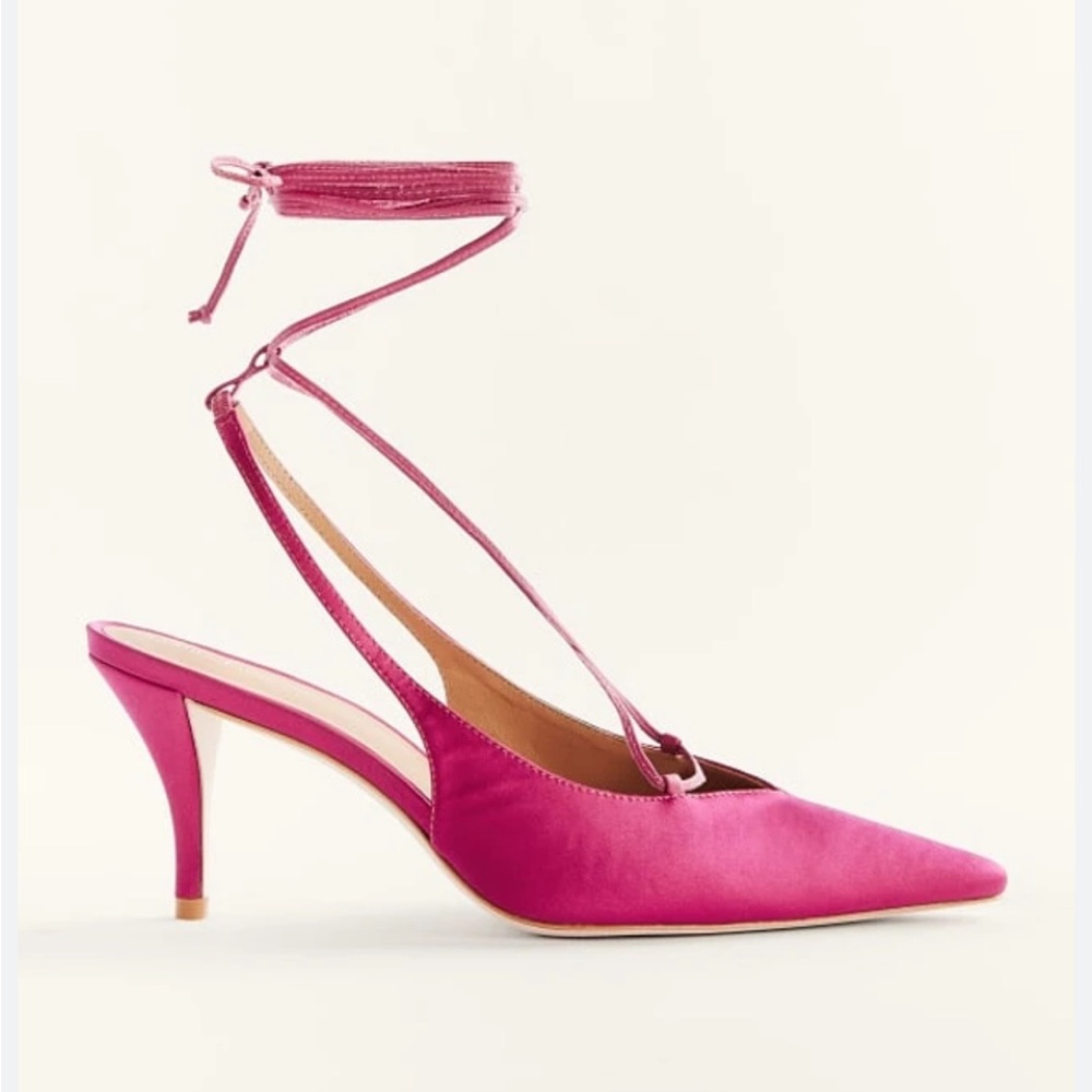 Reformation Pink Satin Ankle-Tie Kitten Heel Pump